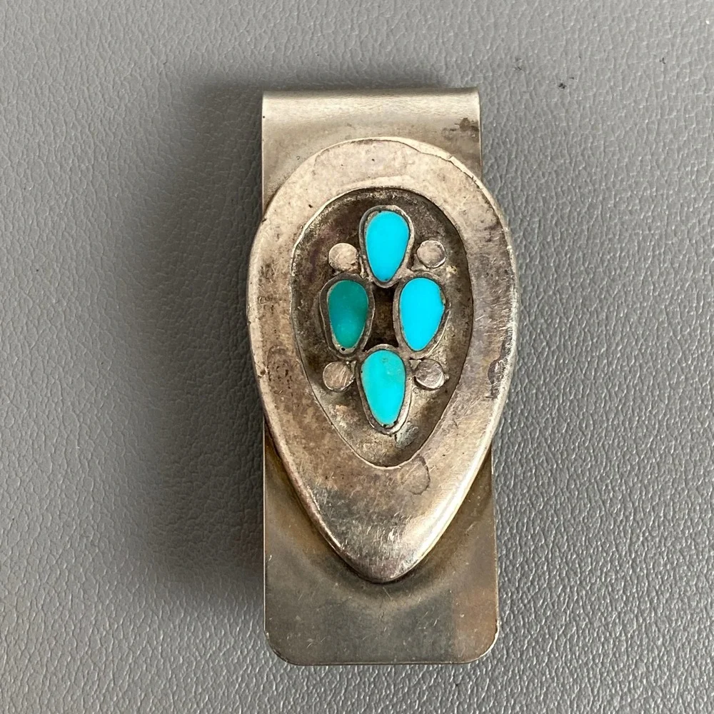 Vintage Southwestern Native Style Sterling Silver Turquoise Inlay Money Clip